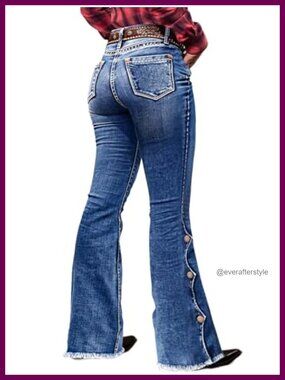 Women's Buttoned Hem Bootcut Jeans with Pockets, Stretch, Mid Rise